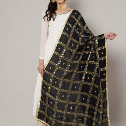 MUFFLY Black Chinnon Dupatta with Sequence Embroidery Work