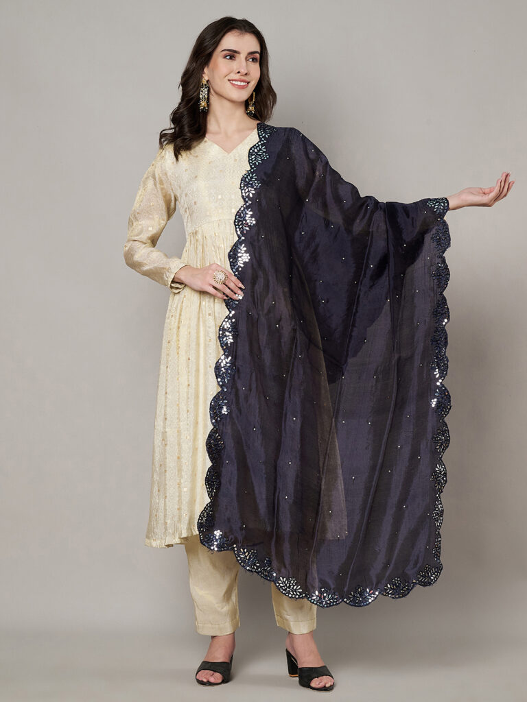 MUFFLY Silk Dupatta with Cut Work and Mirror Detailing