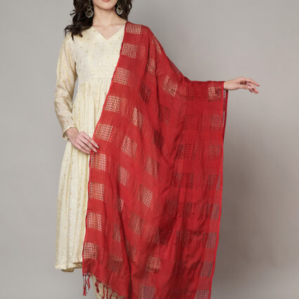 MUFFLY Women Red Cotton Self Design Dupatta