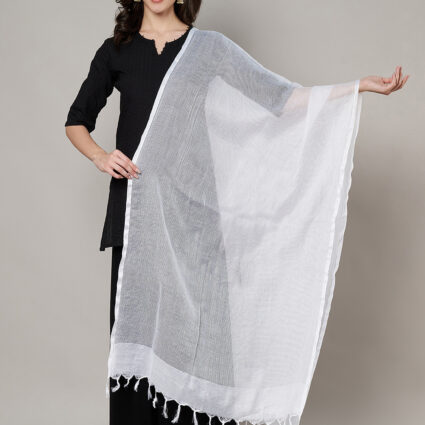 MUFFLY Women White Cotton Solid Dupatta