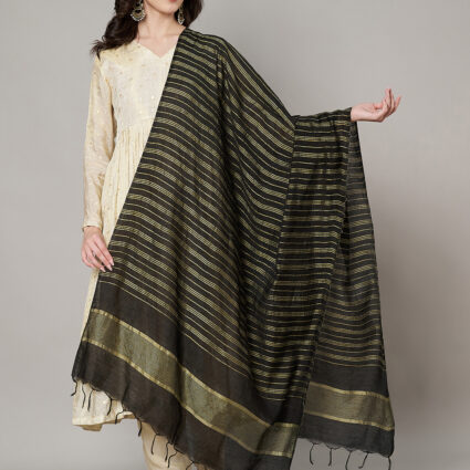 MUFFLY Women Black Cotton Stripes Dupatta