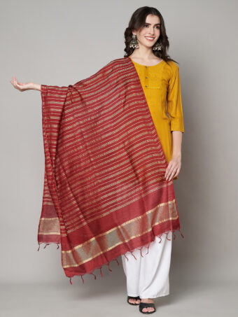 MUFFLY Women Maroon Cotton Stripes Dupatta