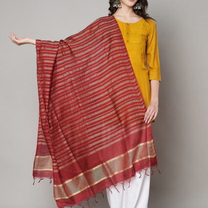 MUFFLY Women Maroon Cotton Stripes Dupatta