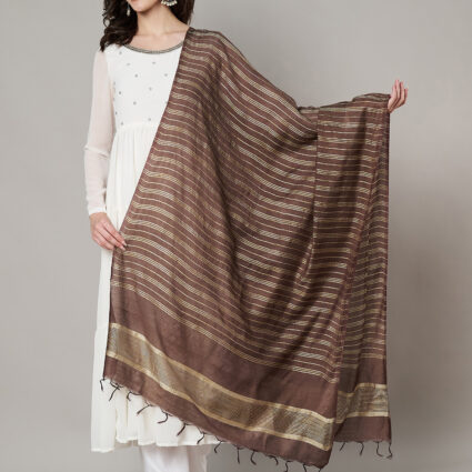 MUFFLY Women Brown Cotton Stripes Dupatta