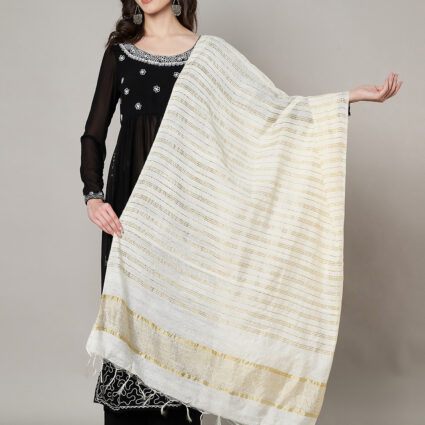 MUFFLY Women White Cotton Stripes Dupatta