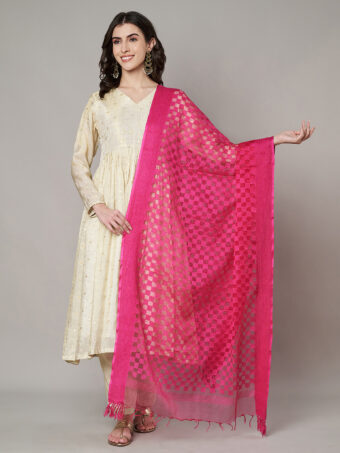 MUFFLY Women Pink Cotton Checks Dupatta