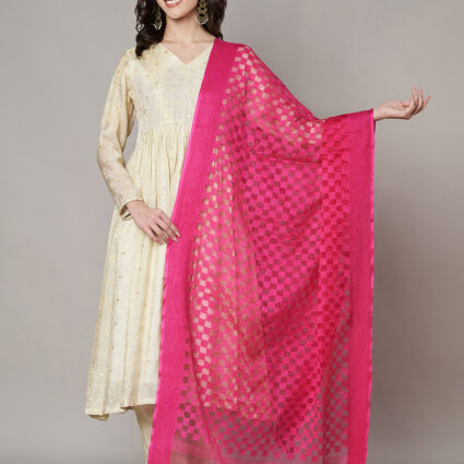 MUFFLY Women Pink Cotton Checks Dupatta
