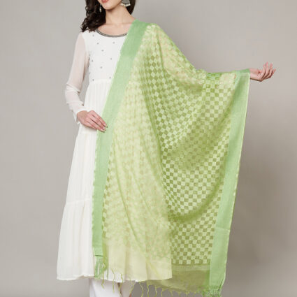 MUFFLY Women Green Cotton Checks Dupatta