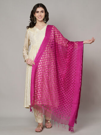 MUFFLY Women Pink Cotton Checks Dupatta