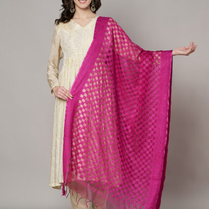 MUFFLY Women Pink Cotton Checks Dupatta