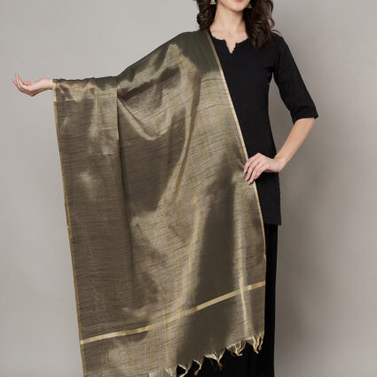 MUFFLY Women Gold Silk Woven Dupatta