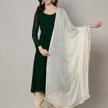 MUFFLY Women White Silk Embellished Dupatta