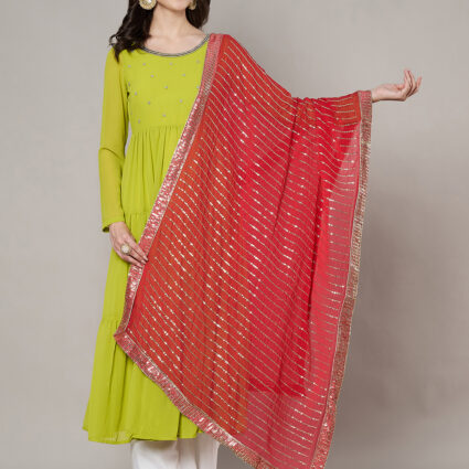 MUFFLY Women Red Silk Embellished Dupatta