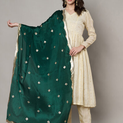 MUFFLY Women Green Chiffon Embellished Dupatta