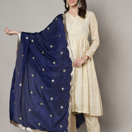 MUFFLY Women Blue Chiffon Embellished Dupatta