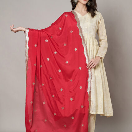 MUFFLY Women Red Chiffon Embellished Dupatta