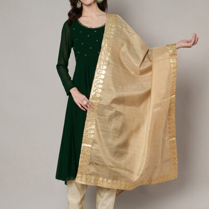 MUFFLY Women Gold Silk Embroidered Dupatta