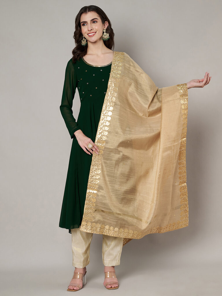 MUFFLY Elegant Silk Dupatta with Golden Embroidered Border