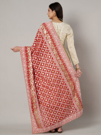MUFFLY Red Georgette Lucknowi Dupatta with Gotta Patti Work - Image 2