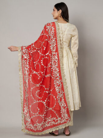 MUFFLY Red Georgette Handcrafted Dupatta with Gotta Patti Work - Image 7