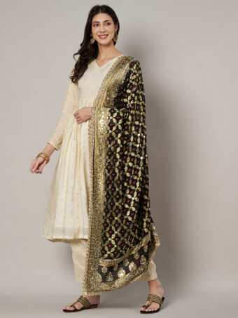 MUFFLY Georgette Bandhani Black Dupatta with Heavy Traditional Embroidery Cut Stone Work - Image 2