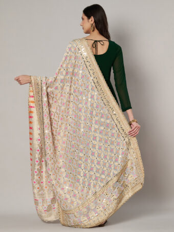 MUFFLY Georgette Bandhani Off White Dupatta with Heavy Traditional Embroidery Cut Stone Work - Image 2