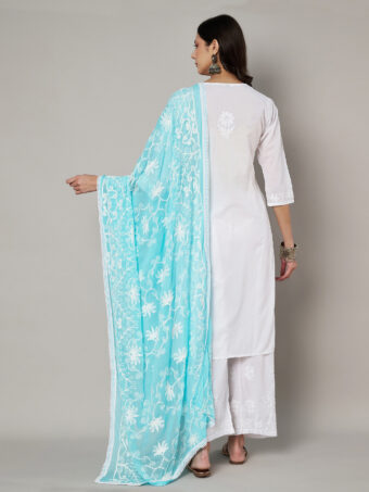 MUFFLY Women Embroidered Chiffon Sky Blue Dupatta - Image 3