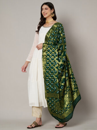 MUFFLY Women Banarasi Designer Bandhej Gharchola Silk Green Dupatta with Gota Lace - Image 2