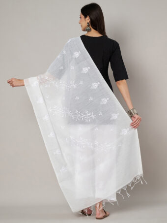 MUFFLY Women Embroidered Chanderi Cotton White Dupatta - Image 2