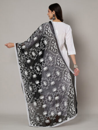 MUFFLY Women Embroidered Chiffon Black Dupatta - Image 6