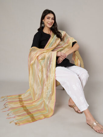 MUFFLY Women Multicolour Striped Poly Chanderi Cotton Dupatta - Image 2