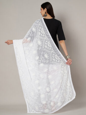 MUFFLY Women Embroidered Chiffon White Dupatta - Image 2