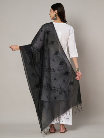 MUFFLY Women Embroidered Chanderi Cotton Black Dupatta - Image 2