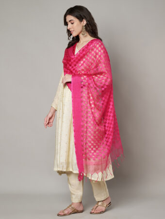 MUFFLY Women Pink Cotton Checks Dupatta - Image 2