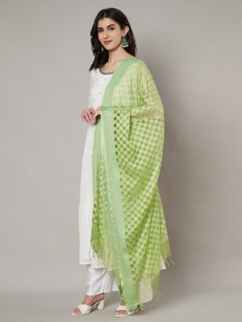 MUFFLY Women Green Cotton Checks Dupatta - Image 2