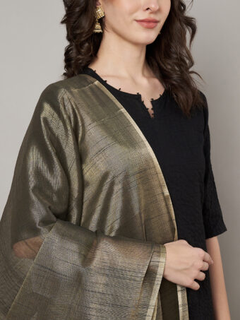 MUFFLY Women Gold Silk Woven Dupatta - Image 2