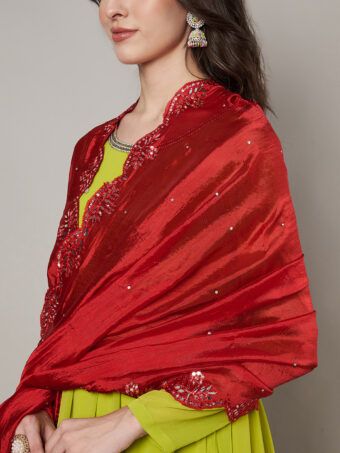 MUFFLY Women Red Silk Embroidered Dupatta - Image 6