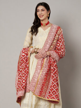 MUFFLY Red Georgette Lucknowi Dupatta with Gotta Patti Work - Image 3