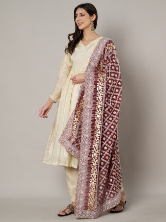 MUFFLY Maroon Georgette Lucknowi Dupatta with Gotta Patti Work - Image 3
