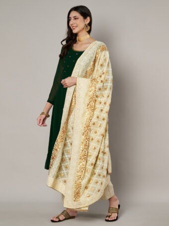 MUFFLY Beige Georgette Lucknowi Dupatta with Gotta Patti Work - Image 3