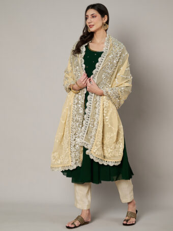 MUFFLY Beige Georgette Handcrafted Dupatta with Gotta Patti Work - Image 2