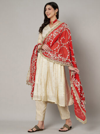 MUFFLY Red Georgette Handcrafted Dupatta with Gotta Patti Work - Image 6