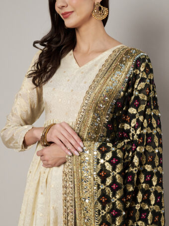 MUFFLY Georgette Bandhani Black Dupatta with Heavy Traditional Embroidery Cut Stone Work - Image 3