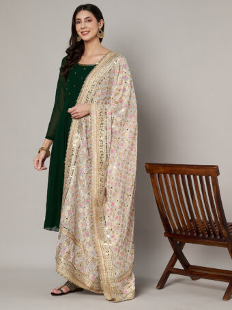 MUFFLY Georgette Bandhani Off White Dupatta with Heavy Traditional Embroidery Cut Stone Work - Image 3