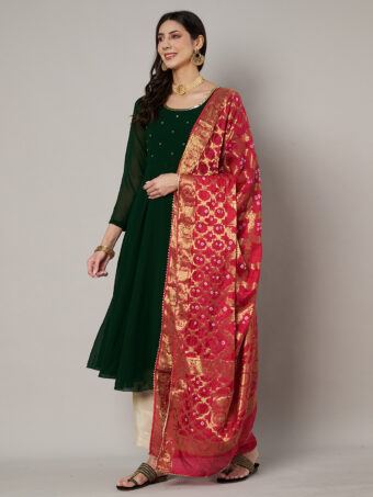 MUFFLY Women Banarasi Designer Bandhej Gharchola Silk Red Dupatta with Gota Lace - Image 3