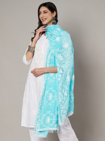 MUFFLY Women Embroidered Chiffon Sky Blue Dupatta - Image 4