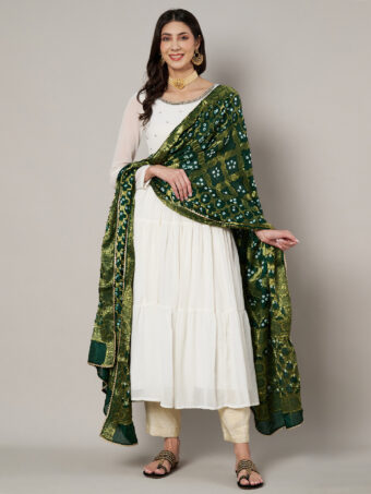 MUFFLY Women Banarasi Designer Bandhej Gharchola Silk Green Dupatta with Gota Lace - Image 3