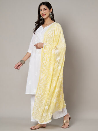MUFFLY Women Embroidered Chiffon Yellow Dupatta - Image 3