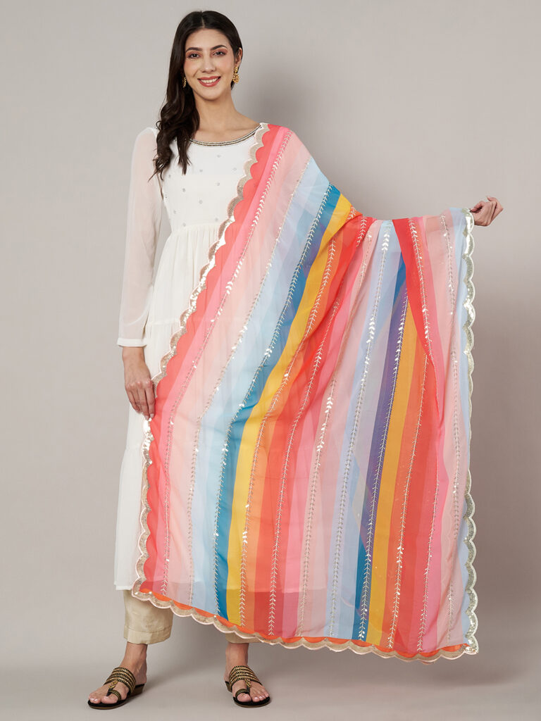 MUFFLY Multicolor Striped Georgette Dupatta with Scalloped Edges