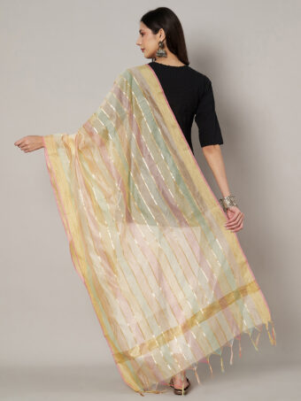 MUFFLY Women Multicolour Striped Poly Chanderi Cotton Dupatta - Image 3